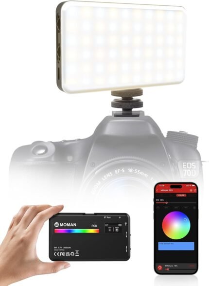 MOMAN On Camera Light, 91 LEDs RGB Camera Video Lights for Photography, CRI 95+ Dimmable 2500-9000K, 3100mAh, PC8 Portable Video Recording Lighting Panel with Cold Shoe, On-Camera-Video-Light