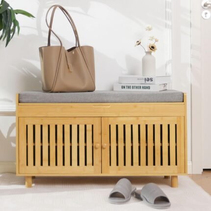 Shoe Storage Bench, Bamboo Entryway Bench with 2 Doors & Padded Seat Cushion, 2 Tier Shoe Rack, 35.4" W x 12.6" D x 19.7" H, Shoe Cabinet Organizer for Entryway, Living Room, Bedroom, Hallway, Nature